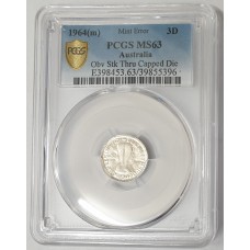 AUSTRALIA 1964 . THREEPENCE . MINT ERROR . STRUCK THRU CAPPED DIE